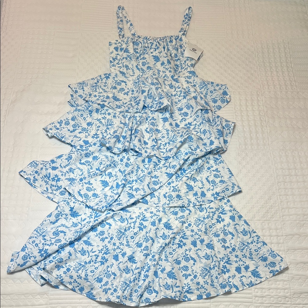 Elegant Blue Floral Back Bow Tiered Dress